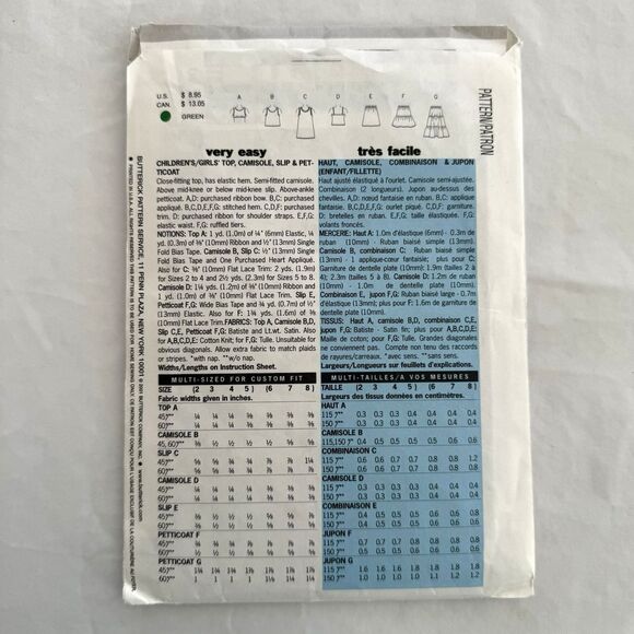 Butterick Sewing Pattern 6656 Toddler Slips Camisole Petticoat Pattern Sz 2-5 - Picture 3 of 3